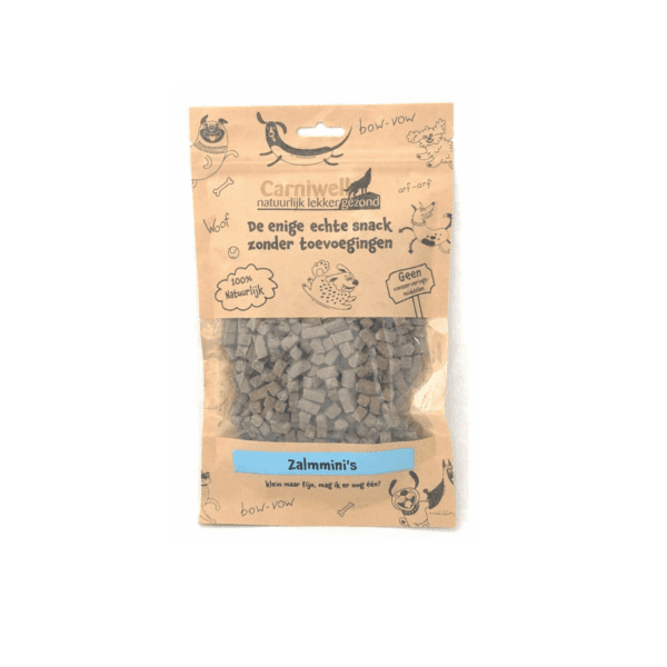 Met deze onweerstaanbare hypoallergene hondensnack krijg je alles gedaan! Ideaal voor bij de hondentraining of lekker als tussendoortje! De Carniwell Zalmmini's zijn een onweerstaanbare en natuurlijke beloning om je hond te motiveren. De trainertjes bevatten bovendien één eiwitbron (100% zalm), hierdoor zijn de Carniwell Zalmmini's ook geschikt voor honden met allergieën, voedsel-intoleranties en voor honden die op dieet zijn. De Zalmmini's zijn rijk aan eiwitten. Alle Carniwell vis- en vleesdelicatessen zijn lucht gedroogd, 100% natuurlijk en graanvrij.